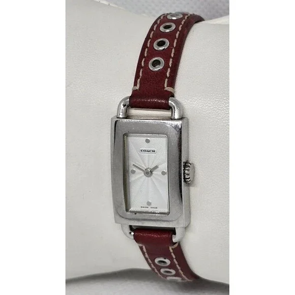 Women's Coach Petite Tank Silver Tone Red Leather Strap Watch 0219 14 - Picture 2 of 9